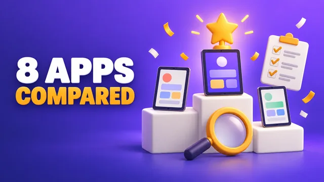Illustration: app screens on a winners podium with a trophy star and a magnifying glass, under the words 8 apps compared
