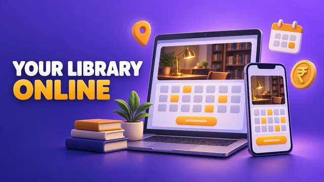 Illustration: a laptop and phone showing a study library website with a seat grid, under the words Your library online