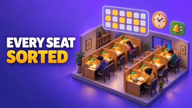 Illustration: a self-study library with wooden cabins and students, a glowing seat map above it, under the words Every seat sorted