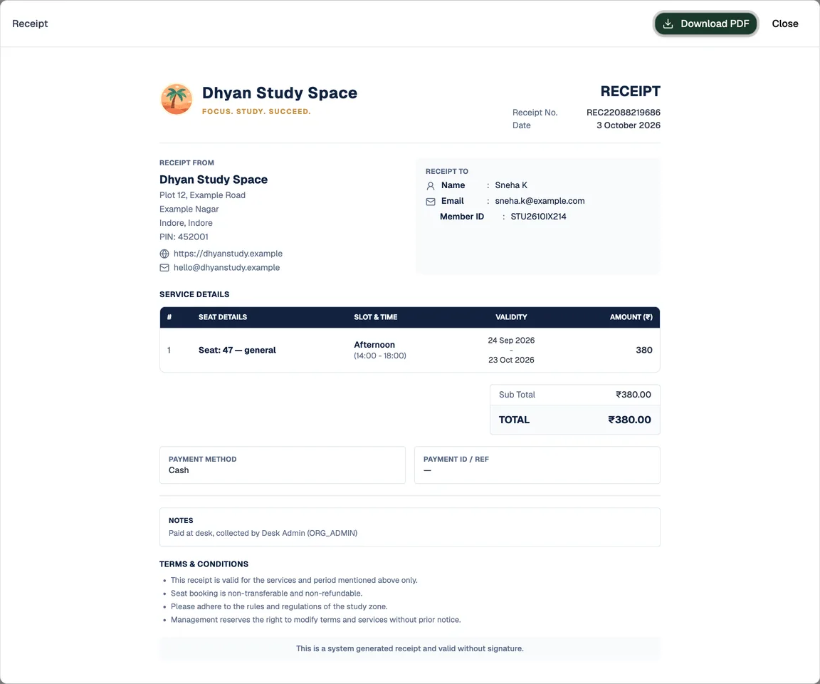 A Librarify PDF receipt with receipt number REC22088219686 and member ID STU2610IX214