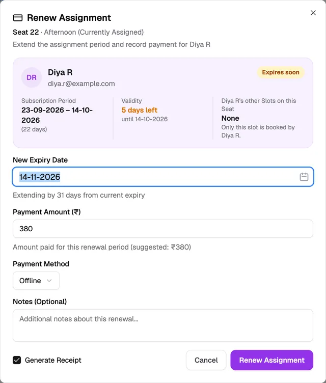Librarify renew dialog: the student's seat expires in 5 days, a new expiry date, ₹380 payment and Generate Receipt ticked