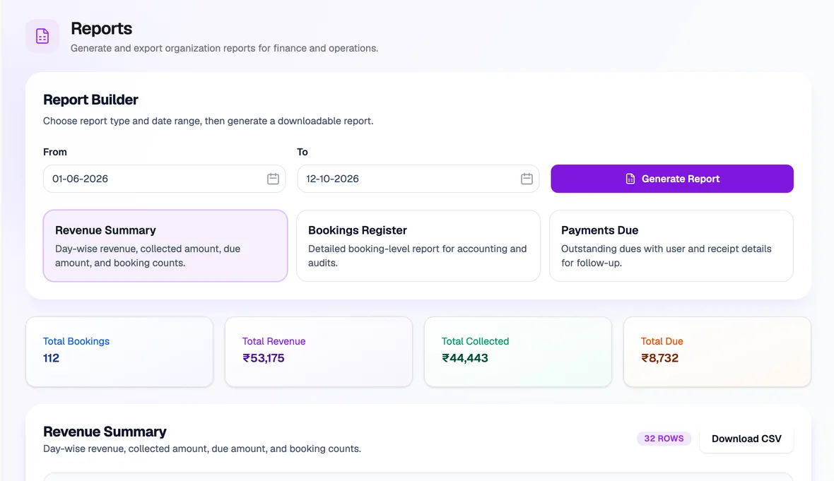 Librarify report builder with revenue summary, bookings register and payments due