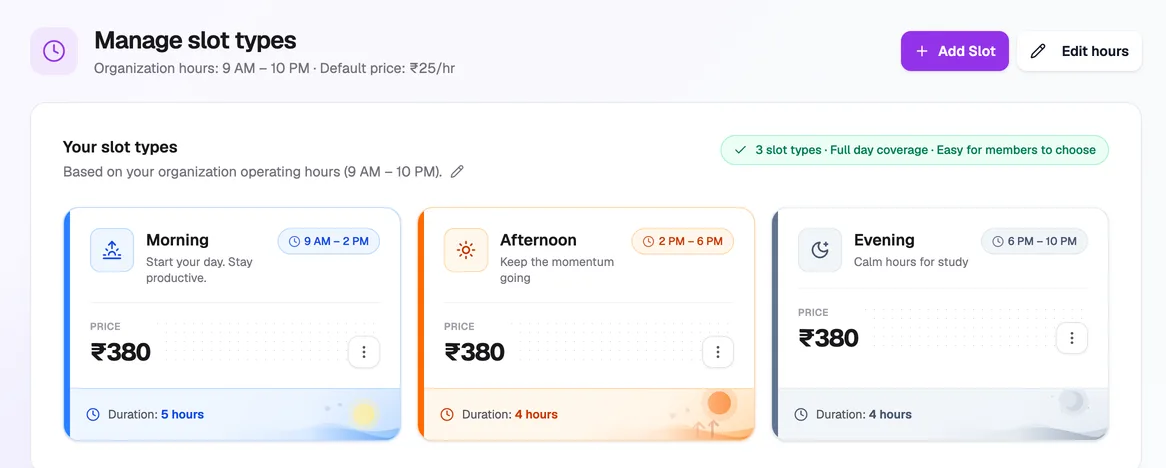 Librarify slot types: Morning 9 AM to 2 PM, Afternoon 2 PM to 6 PM and Evening 6 PM to 10 PM, each priced ₹380