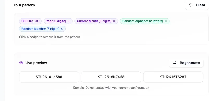 Librarify student ID pattern builder with prefix STU and a live preview of IDs such as STU2610LH680