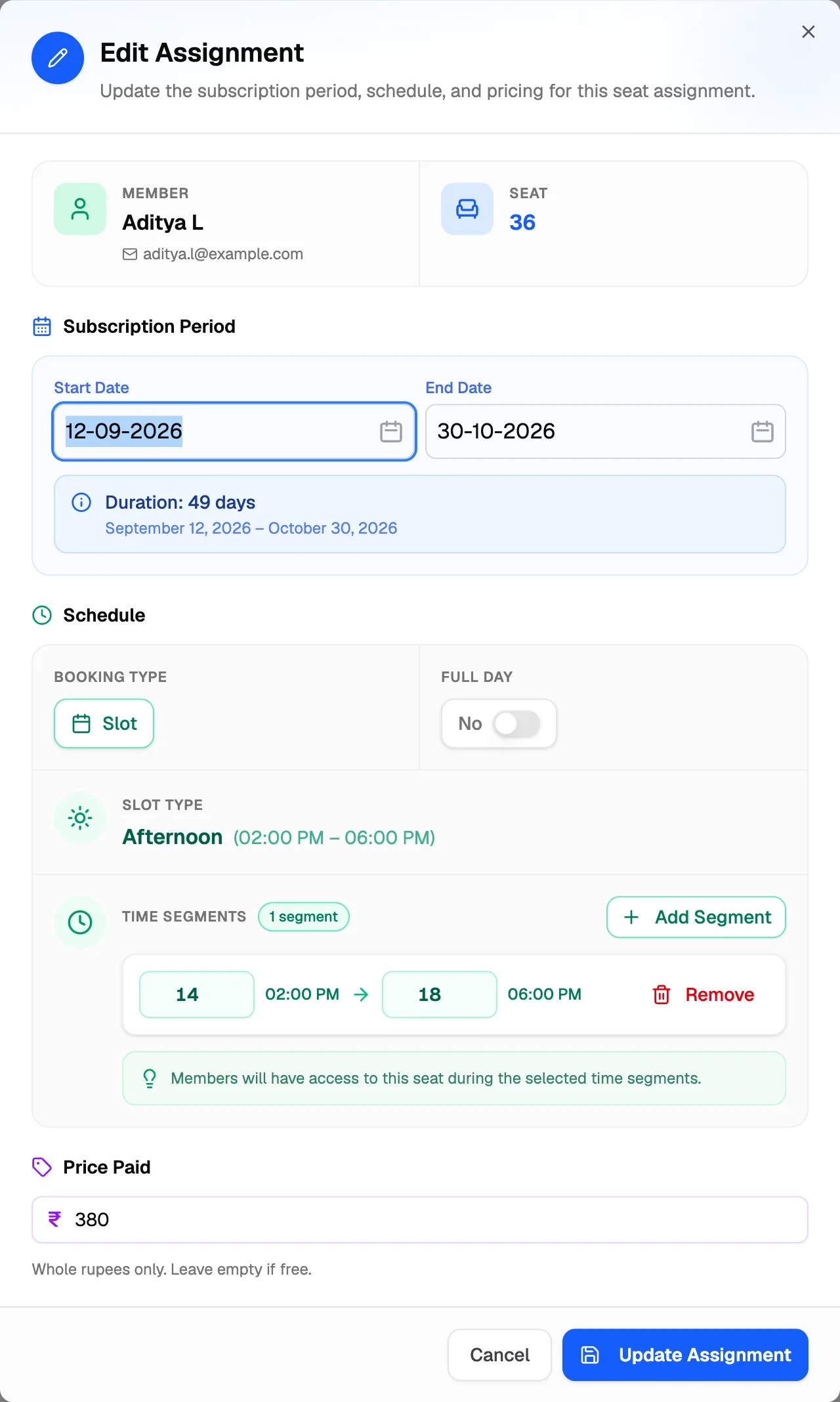 The Edit Assignment dialog with dates, schedule and price