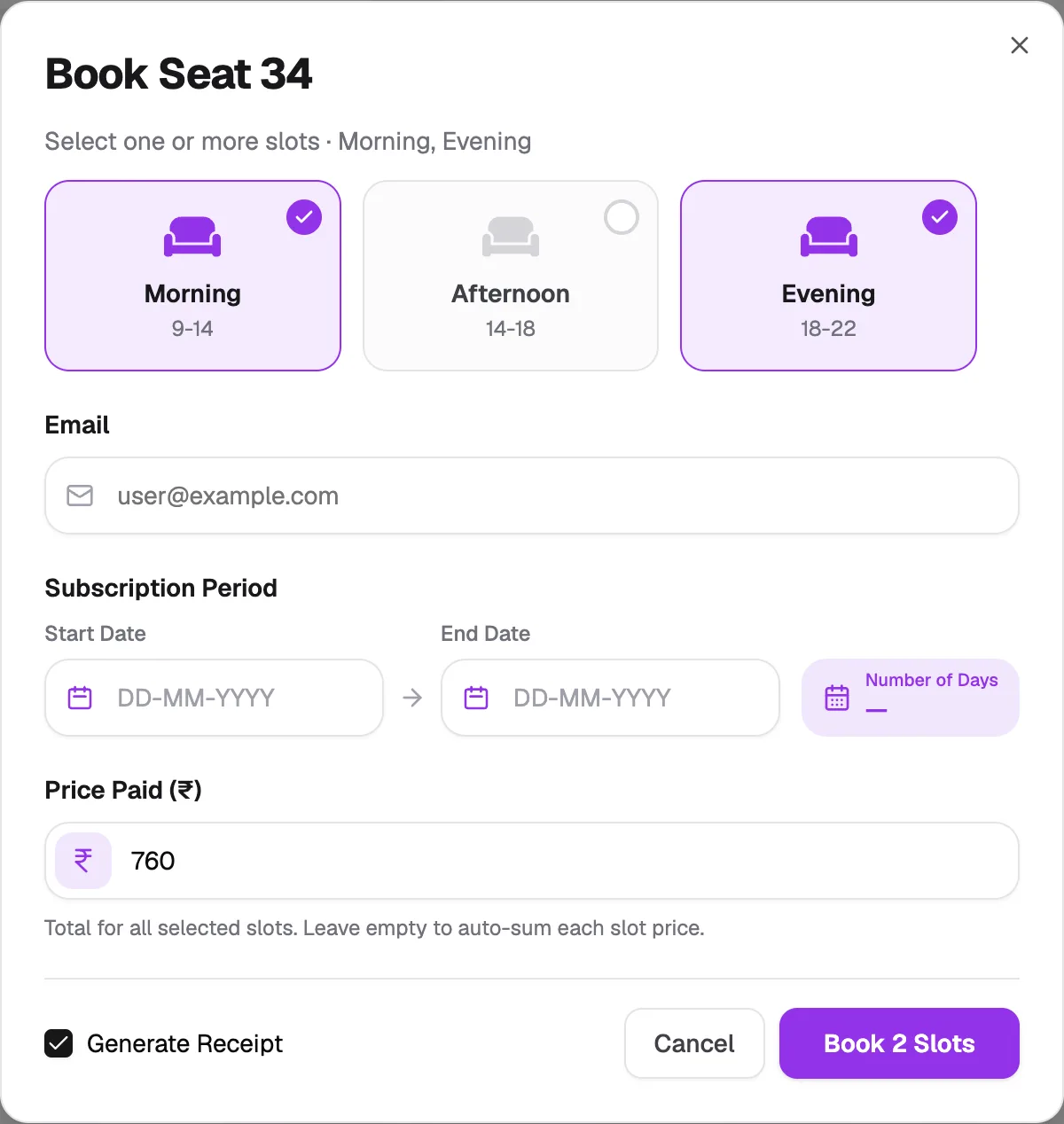 Book Seat with the Morning and Evening slots selected