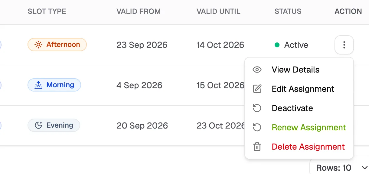 The booking actions menu with Renew Assignment