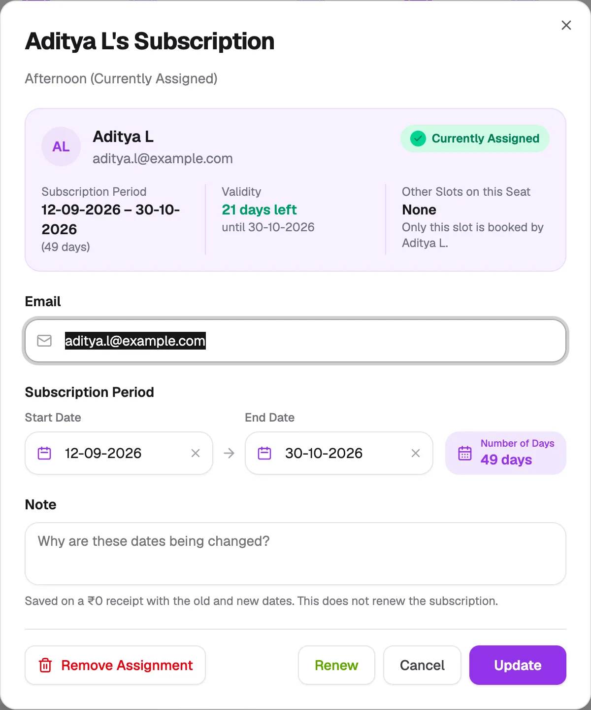 A member's booking opened from a seat card