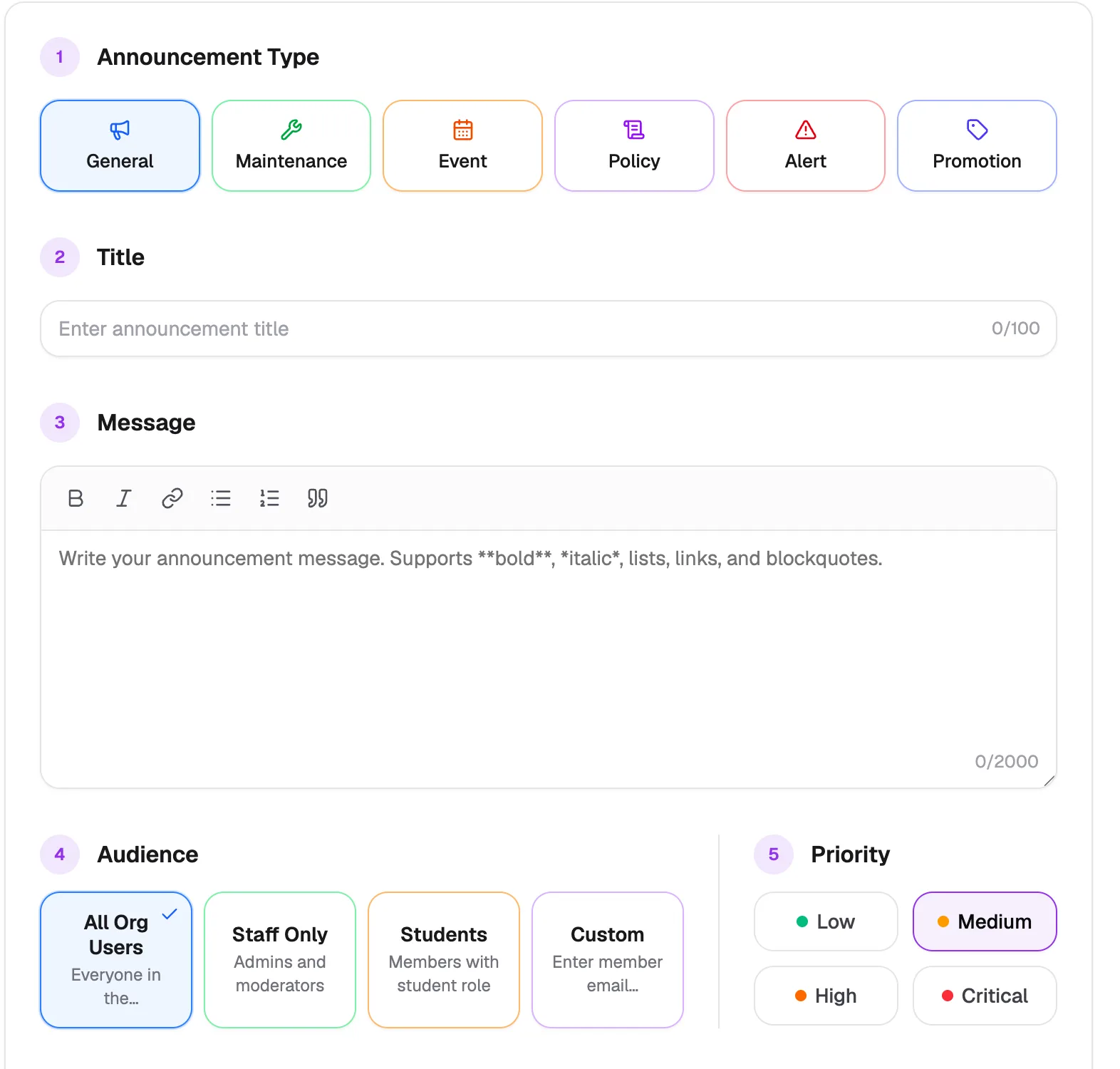 Create Announcement: type, title, message, audience and priority