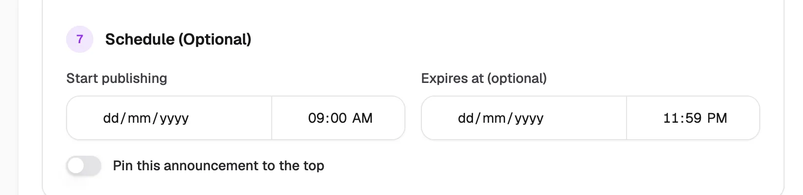 Schedule section with start and expiry date and time, and the pin switch