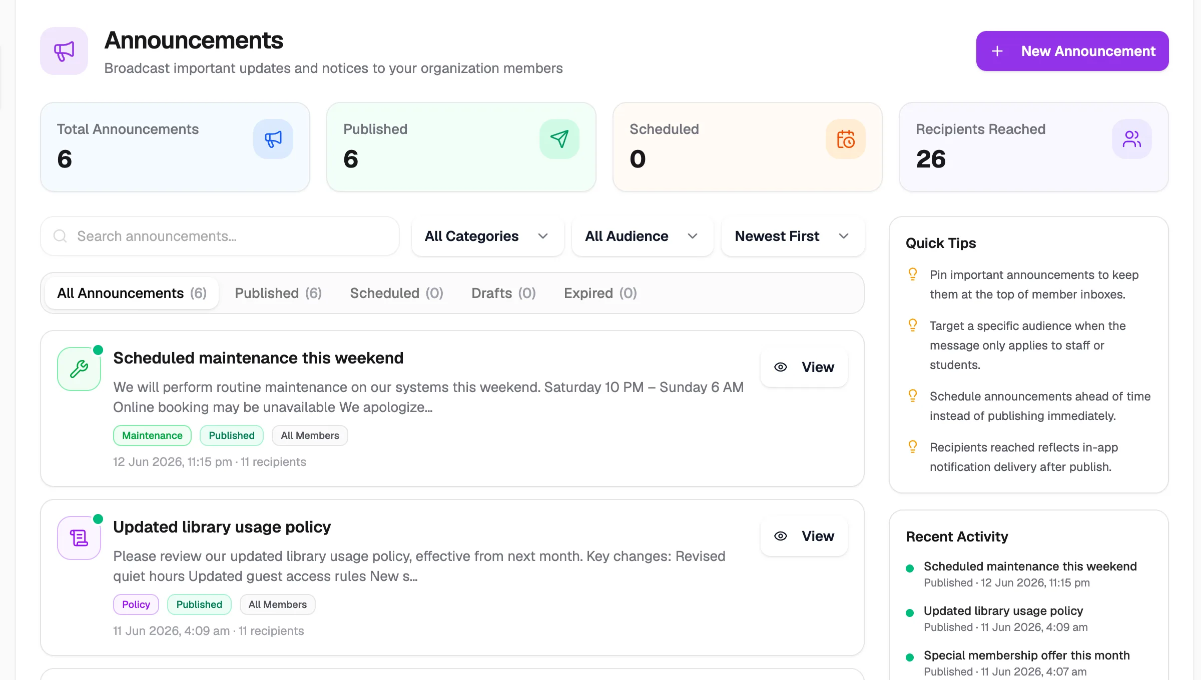 The Announcements page with totals, filters and a list of published announcements