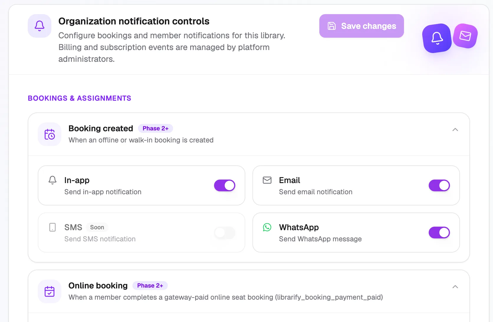 Organization notification controls with the Booking created event open, showing In-app, Email, SMS and WhatsApp switches
