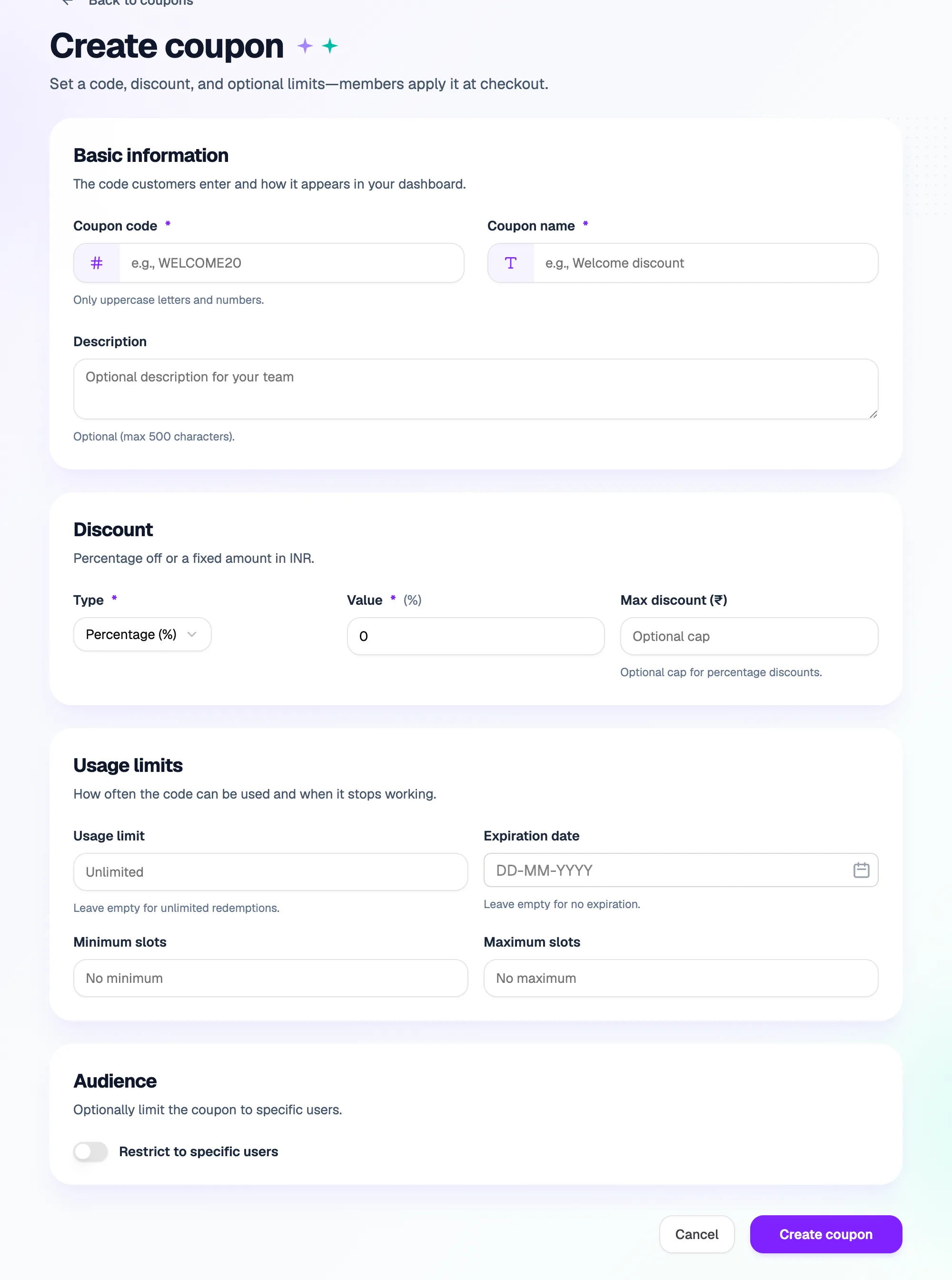 The Create coupon form