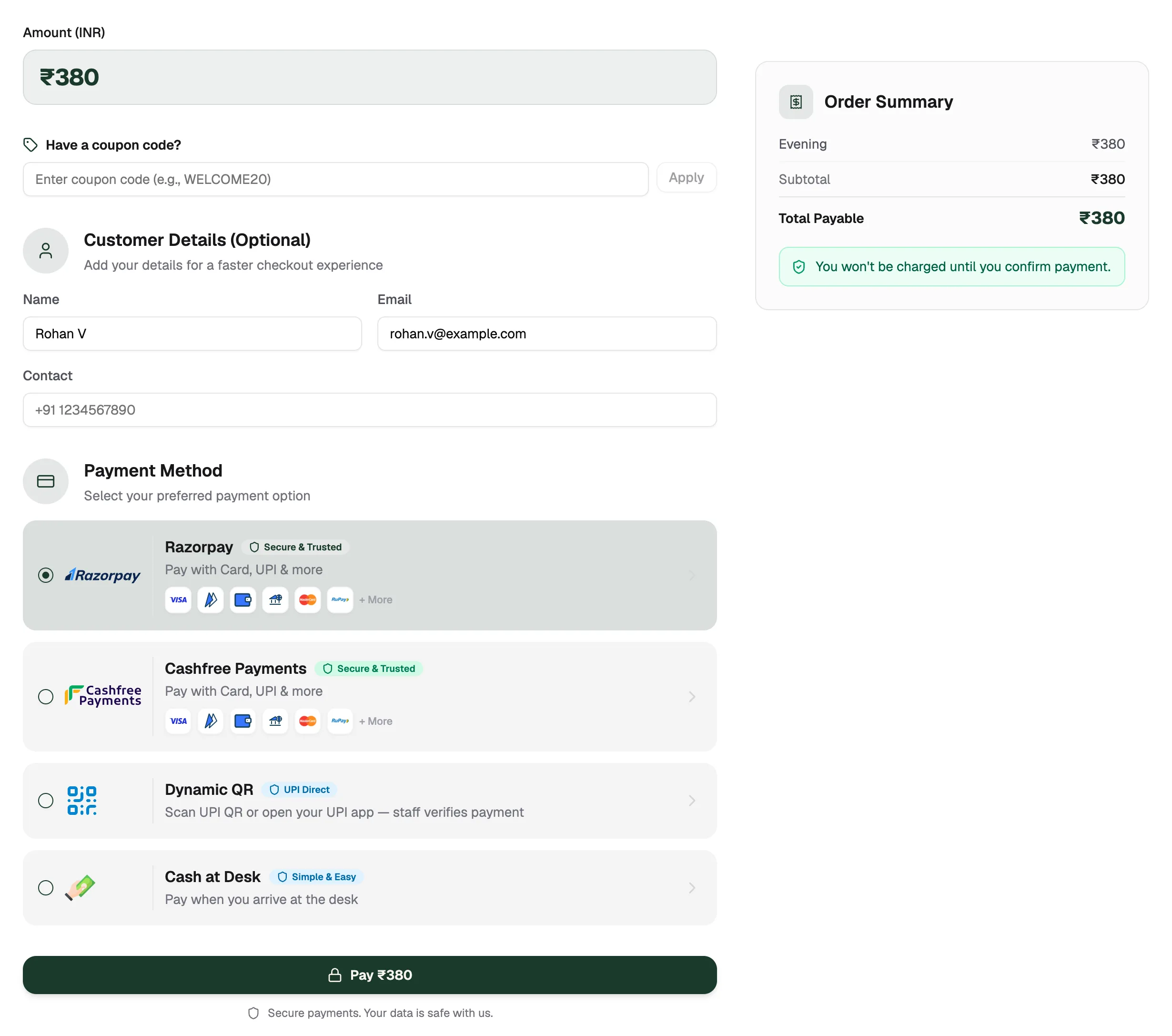 Payment Checkout with the coupon box, payment methods and the Pay button