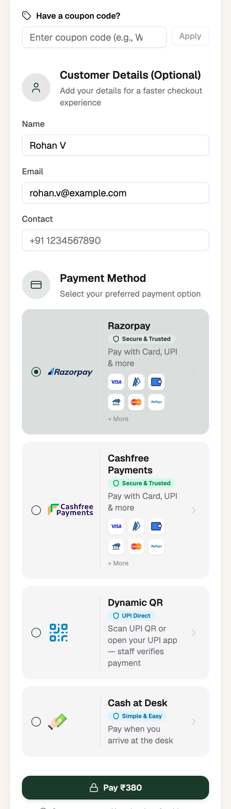 Payment Checkout with the coupon box, payment methods and the Pay button