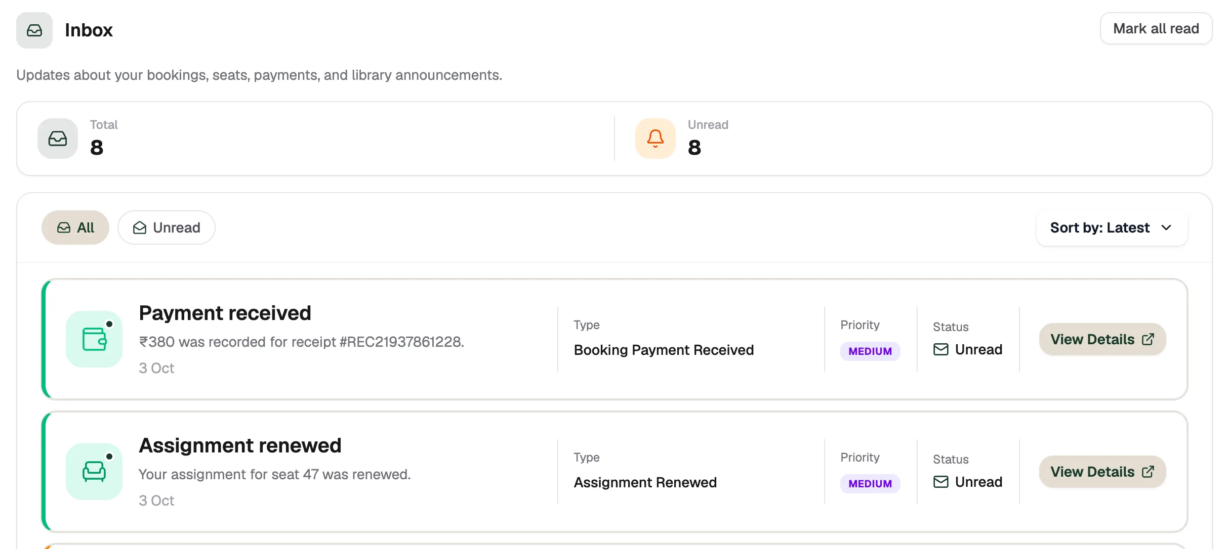 Inbox with Mark all read, total and unread counts, filters and messages such as Payment received and Assignment renewed