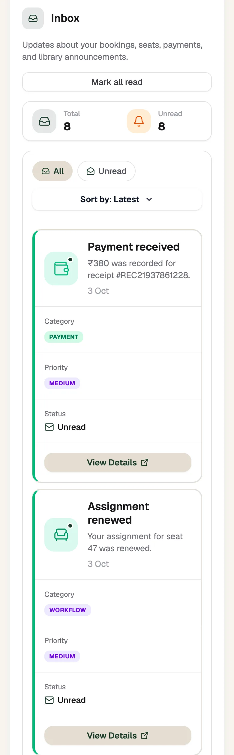 Inbox with Mark all read, total and unread counts, filters and messages such as Payment received and Assignment renewed