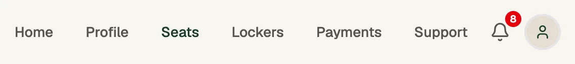 The account menu with Home, Profile, Seats, Lockers, Payments and Support