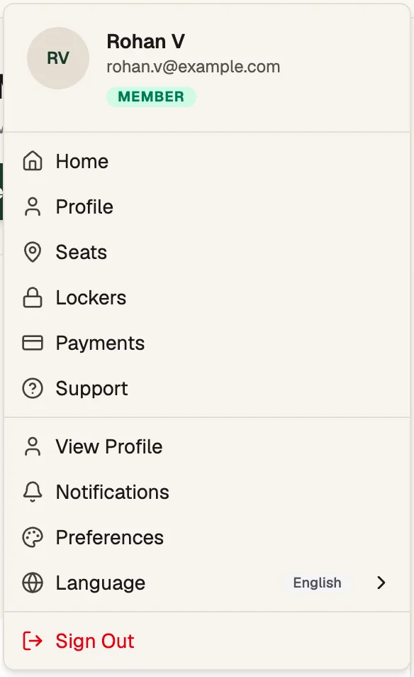 The account menu with Home, Profile, Seats, Lockers, Payments and Support