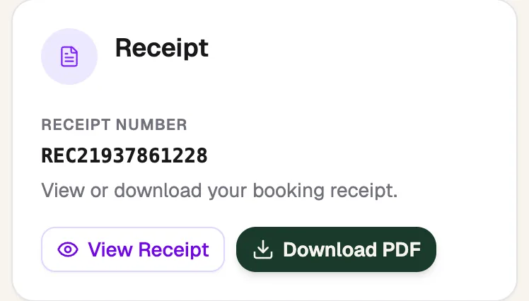 The Receipt card with the receipt number, View Receipt and Download PDF