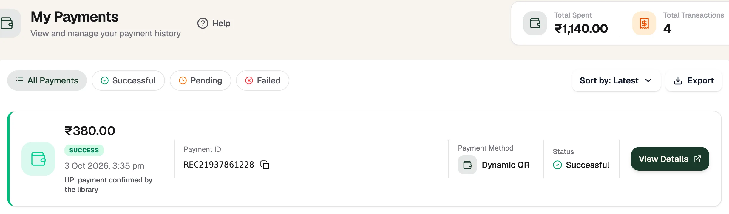 My Payments: total spent, filters for all, successful, pending and failed payments, and a payment card