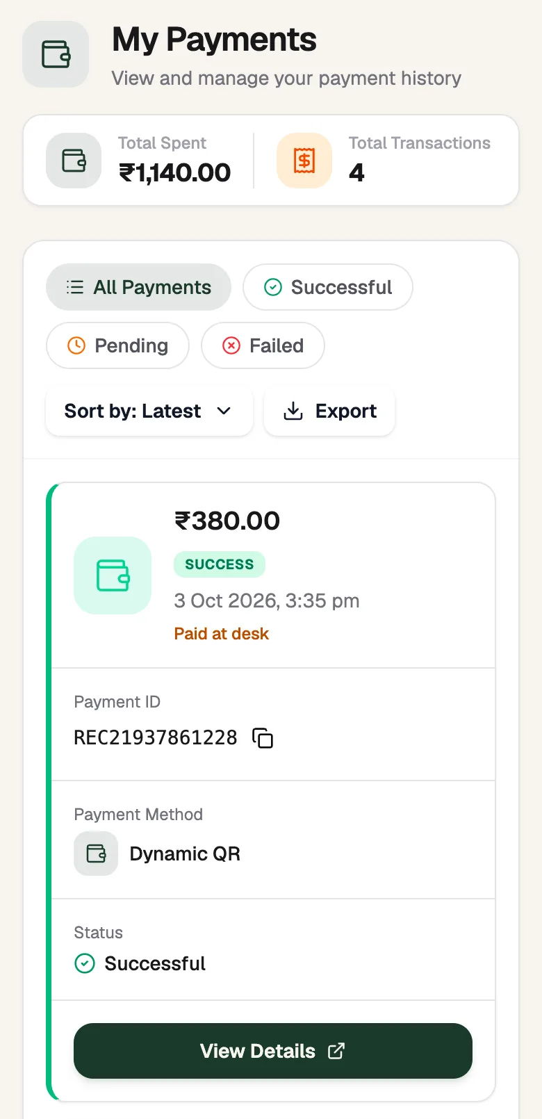 My Payments: total spent, filters for all, successful, pending and failed payments, and a payment card