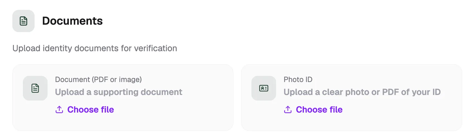 Documents: Document (PDF or image) and Photo ID, each with Choose file