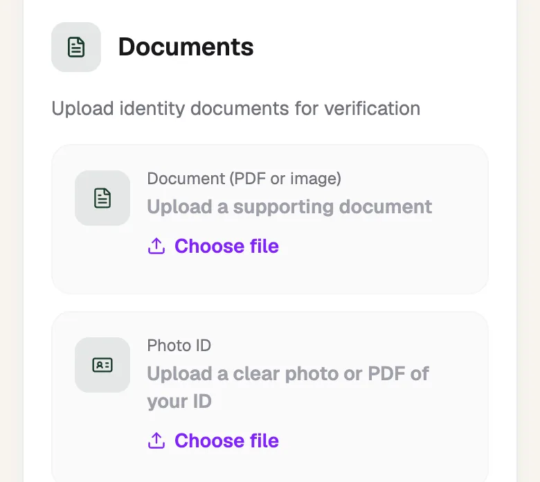 Documents: Document (PDF or image) and Photo ID, each with Choose file