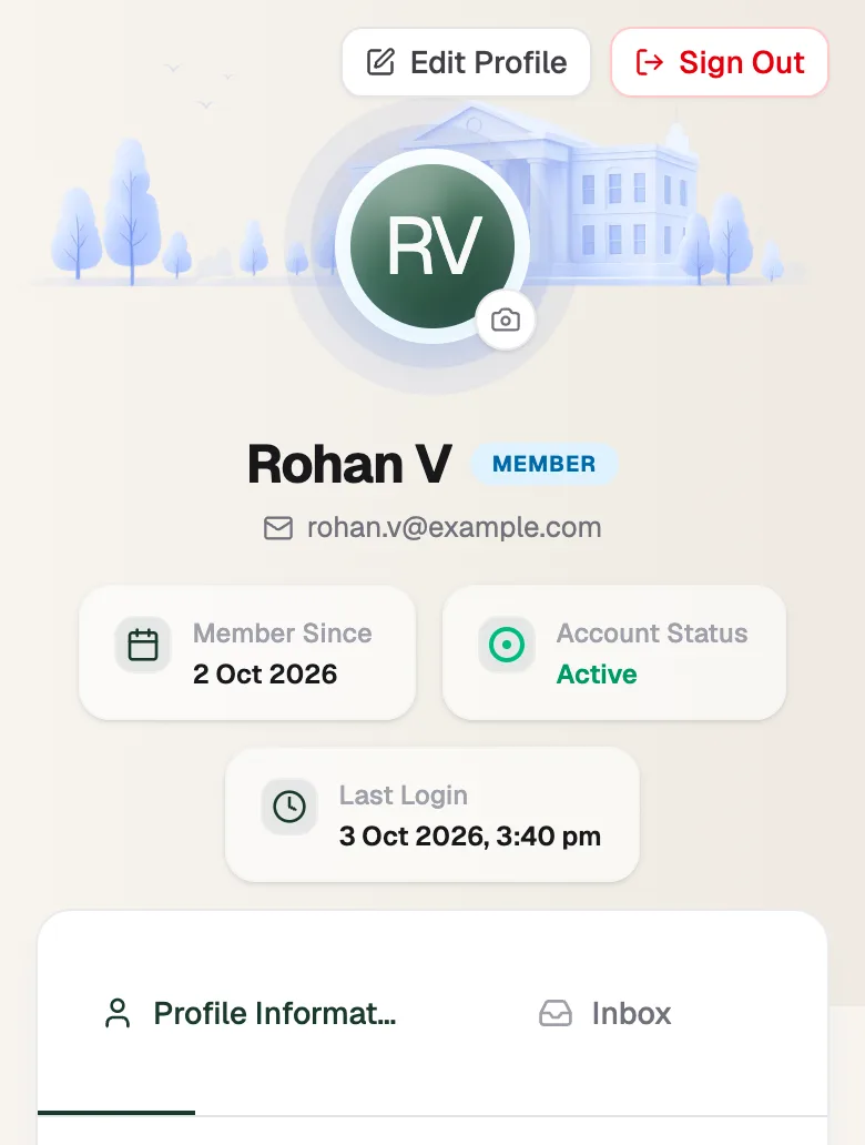 Profile with Edit Profile, the member's name and status, and the Profile Information and Inbox sections