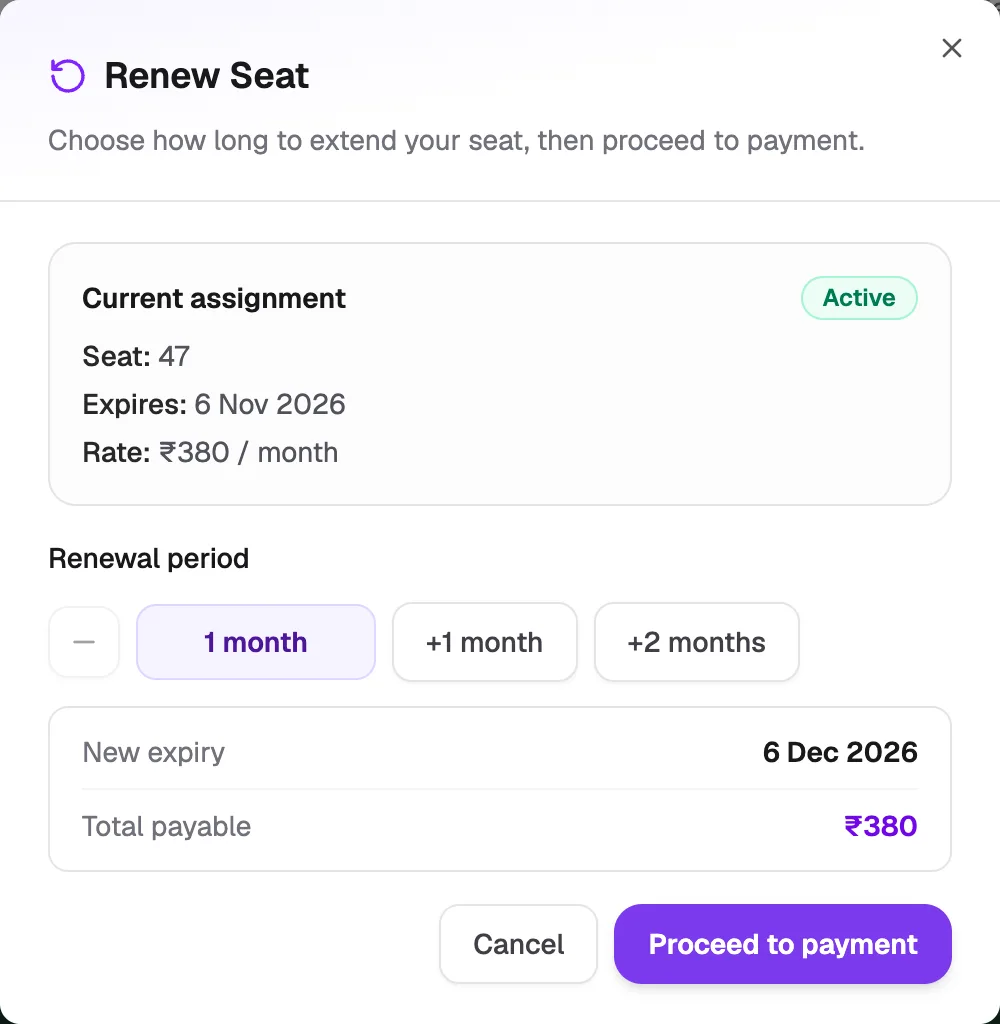 Renew Seat: current assignment, renewal period choices, new expiry and total payable, Proceed to payment