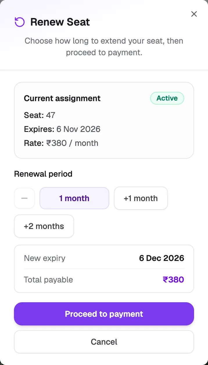 Renew Seat: current assignment, renewal period choices, new expiry and total payable, Proceed to payment