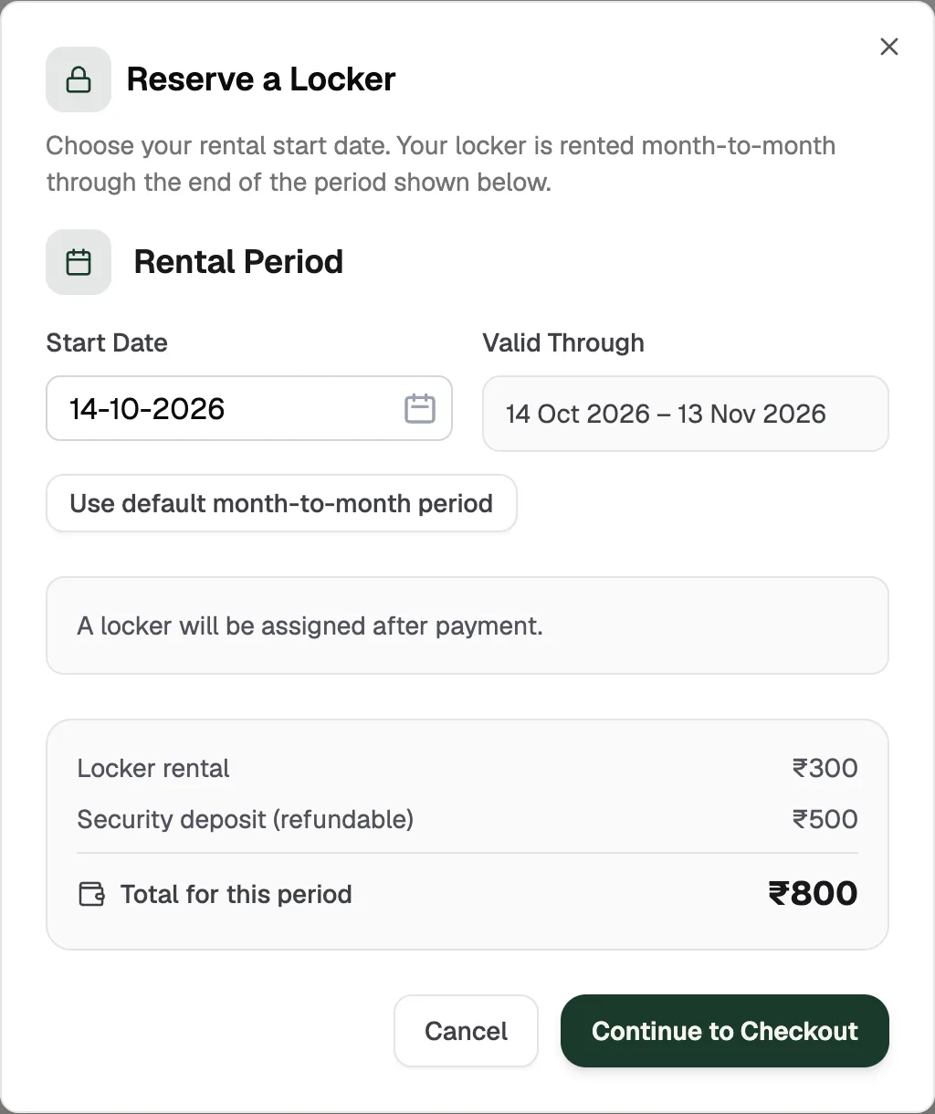 Reserve a Locker: start date, valid through period, locker rental, refundable security deposit, total and Continue to Checkout