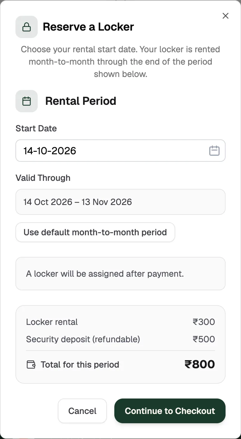 Reserve a Locker: start date, valid through period, locker rental, refundable security deposit, total and Continue to Checkout