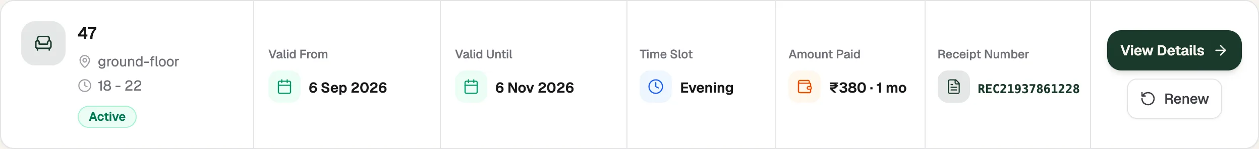 A seat card with seat number, floor, time slot, Active status, valid from and until dates, amount paid and receipt number