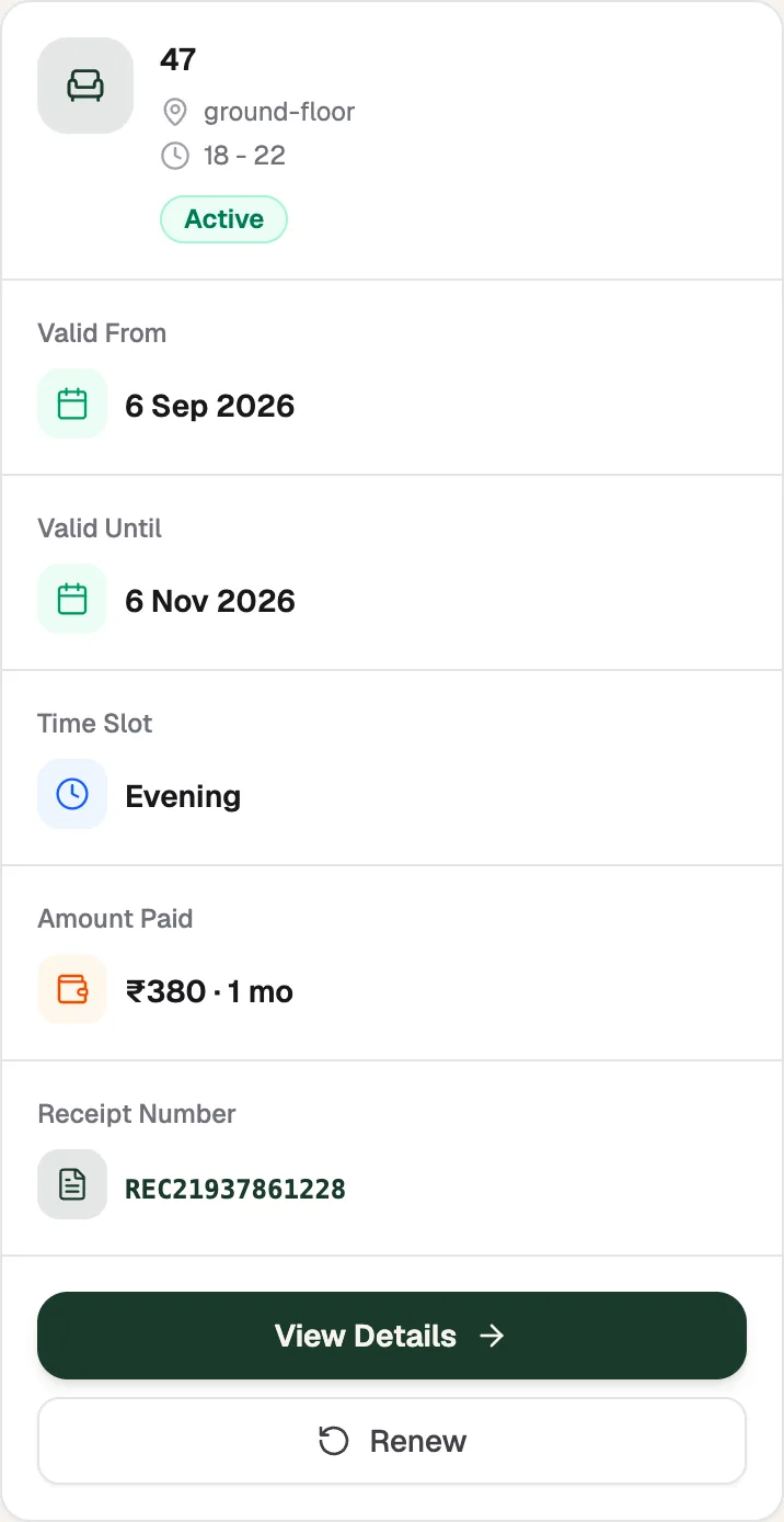 A seat card with seat number, floor, time slot, Active status, valid from and until dates, amount paid and receipt number