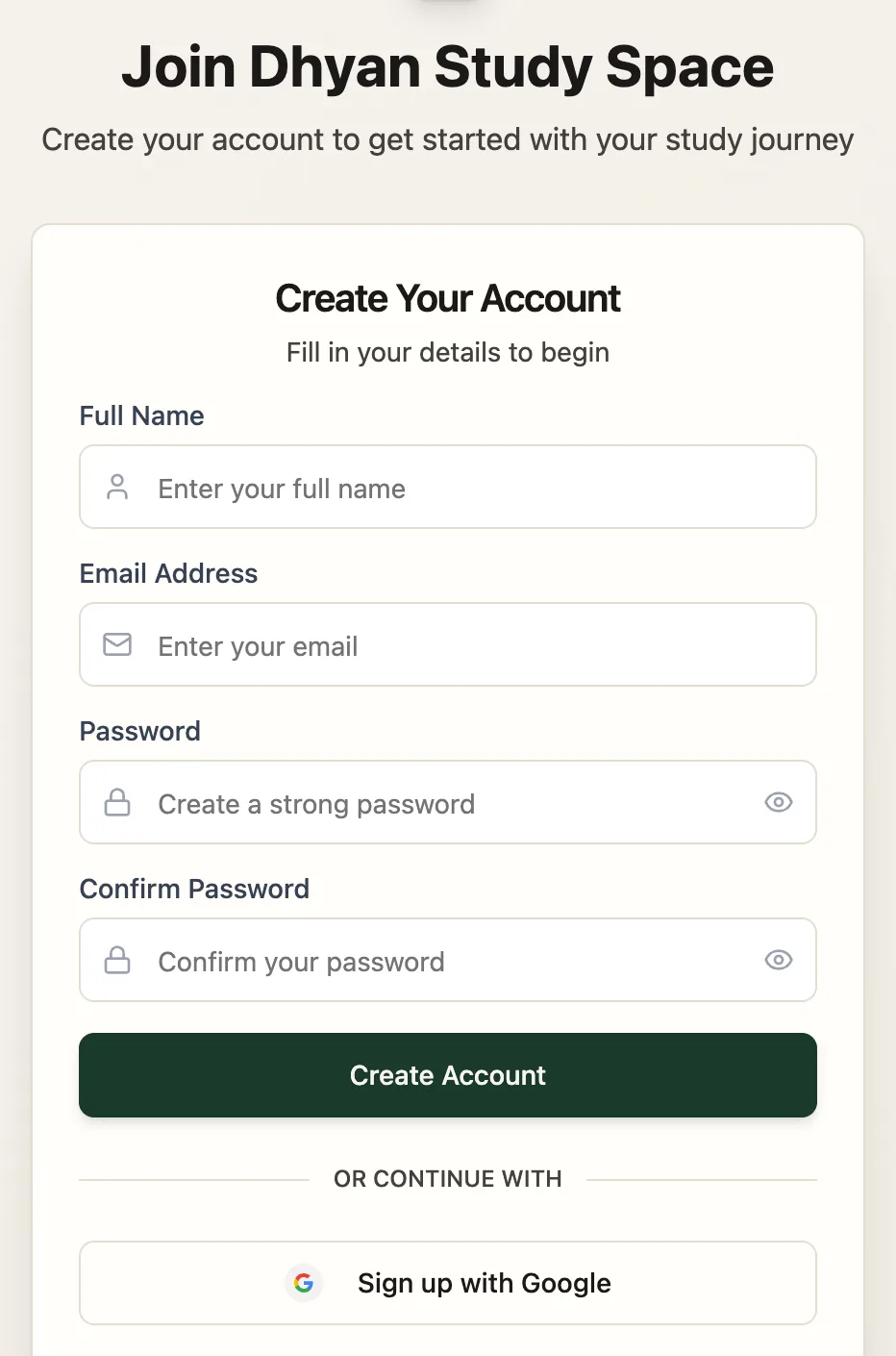 Join your library: Create Your Account with full name, email, password and confirm password
