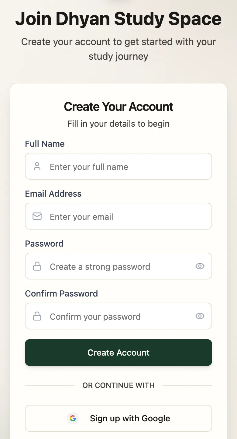 Join your library: Create Your Account with full name, email, password and confirm password