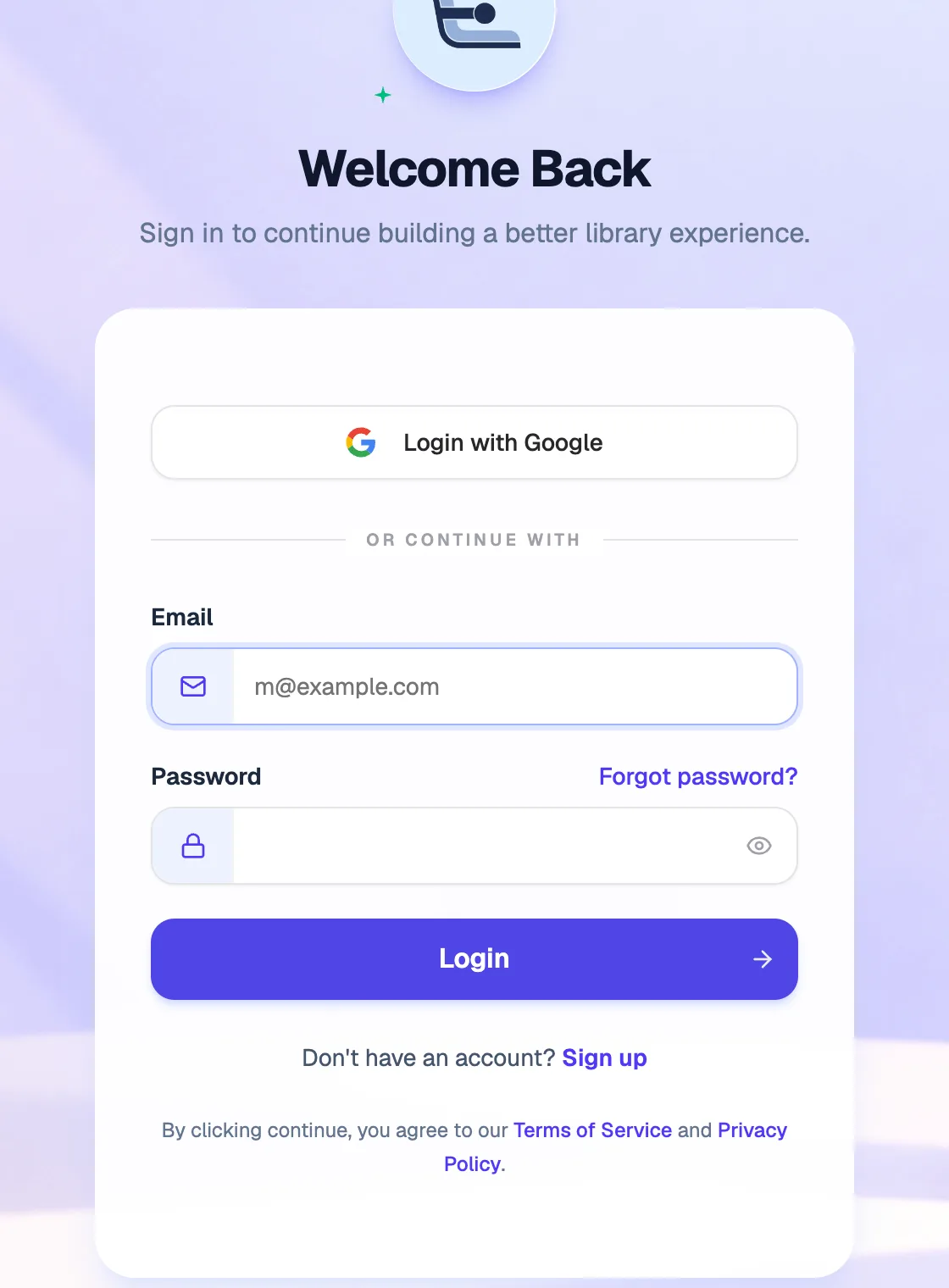 The Welcome Back login form on Librarify