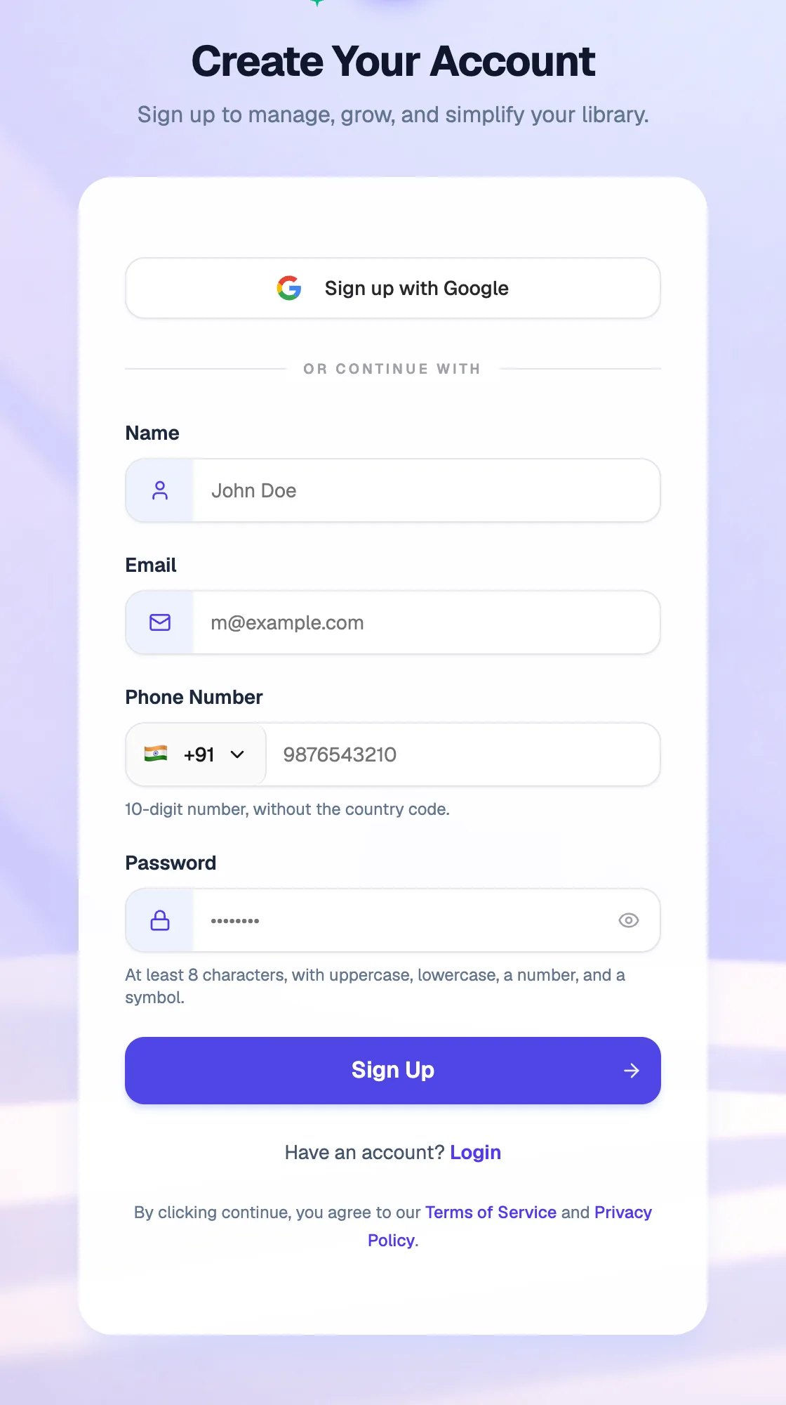 The Create Your Account form on Librarify