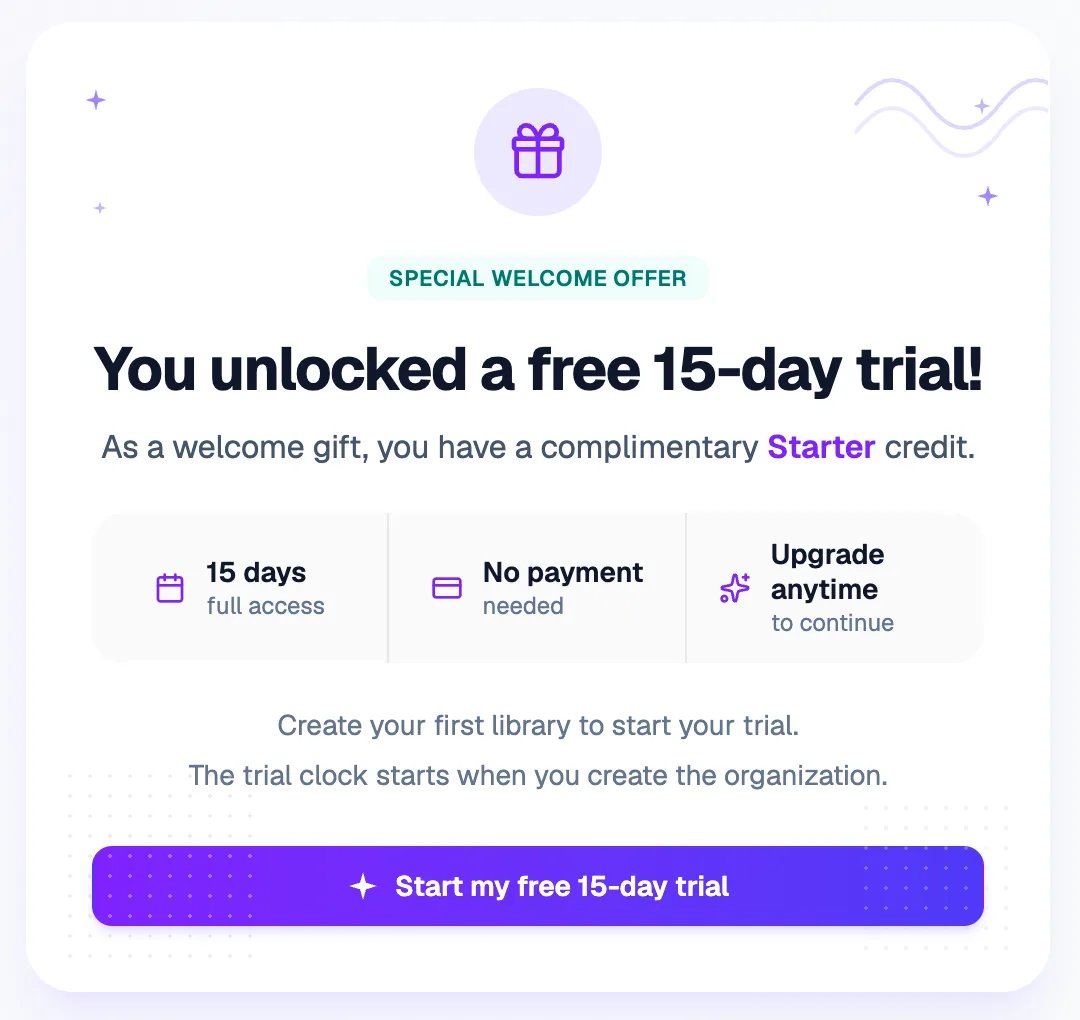 The free trial offer on a new Librarify dashboard