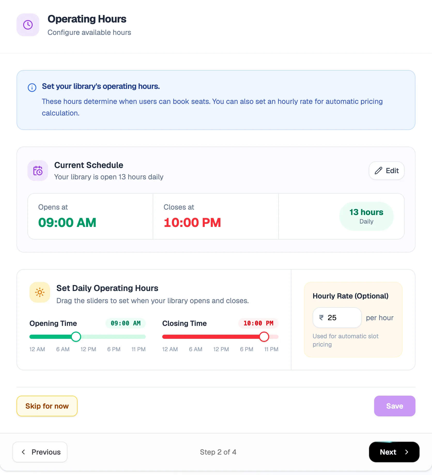 The Operating Hours step with opening and closing time sliders