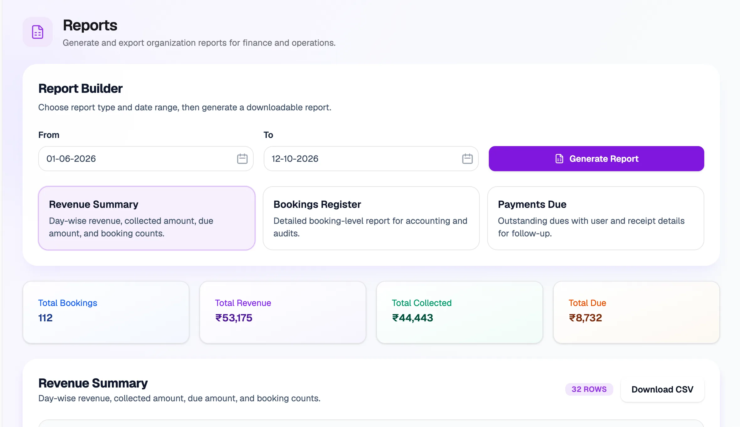 Report Builder with dates, the three report types, totals and the Download CSV button