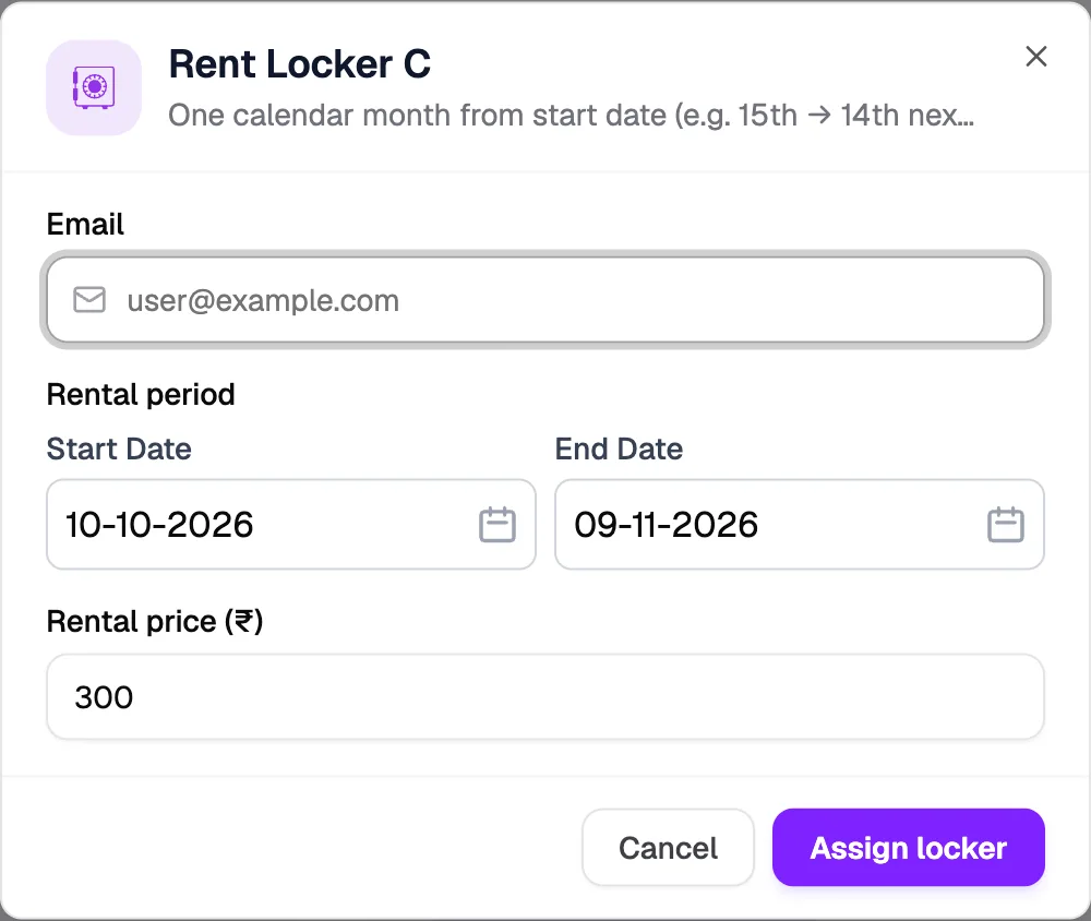 The Rent Locker dialog with email, rental period and price