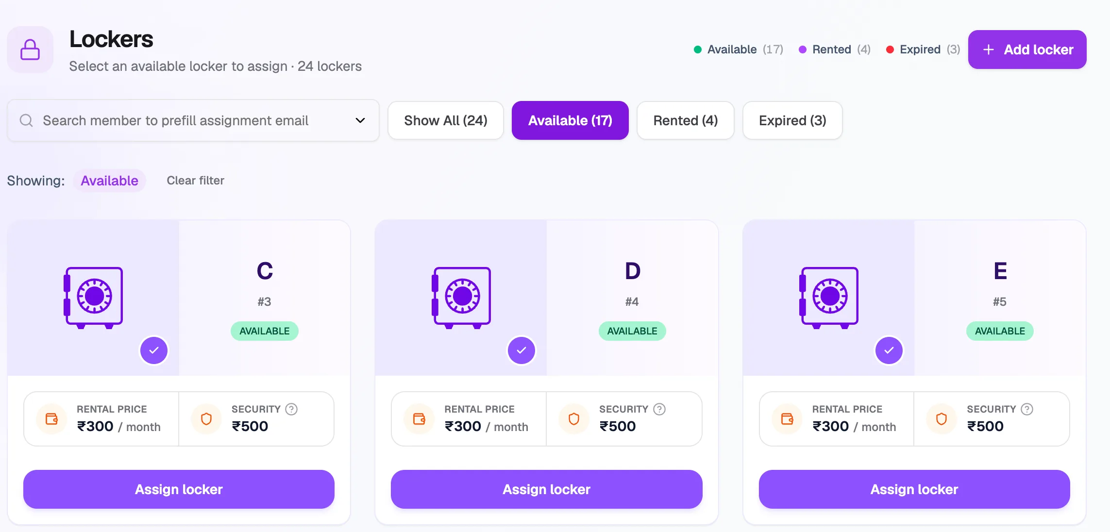The Lockers page filtered to available lockers
