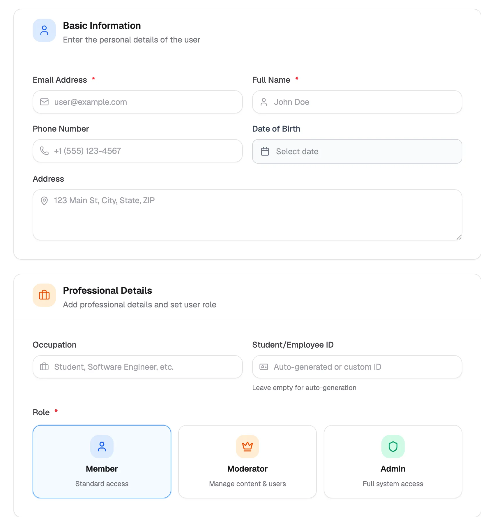 The Add New User form with basic and professional details