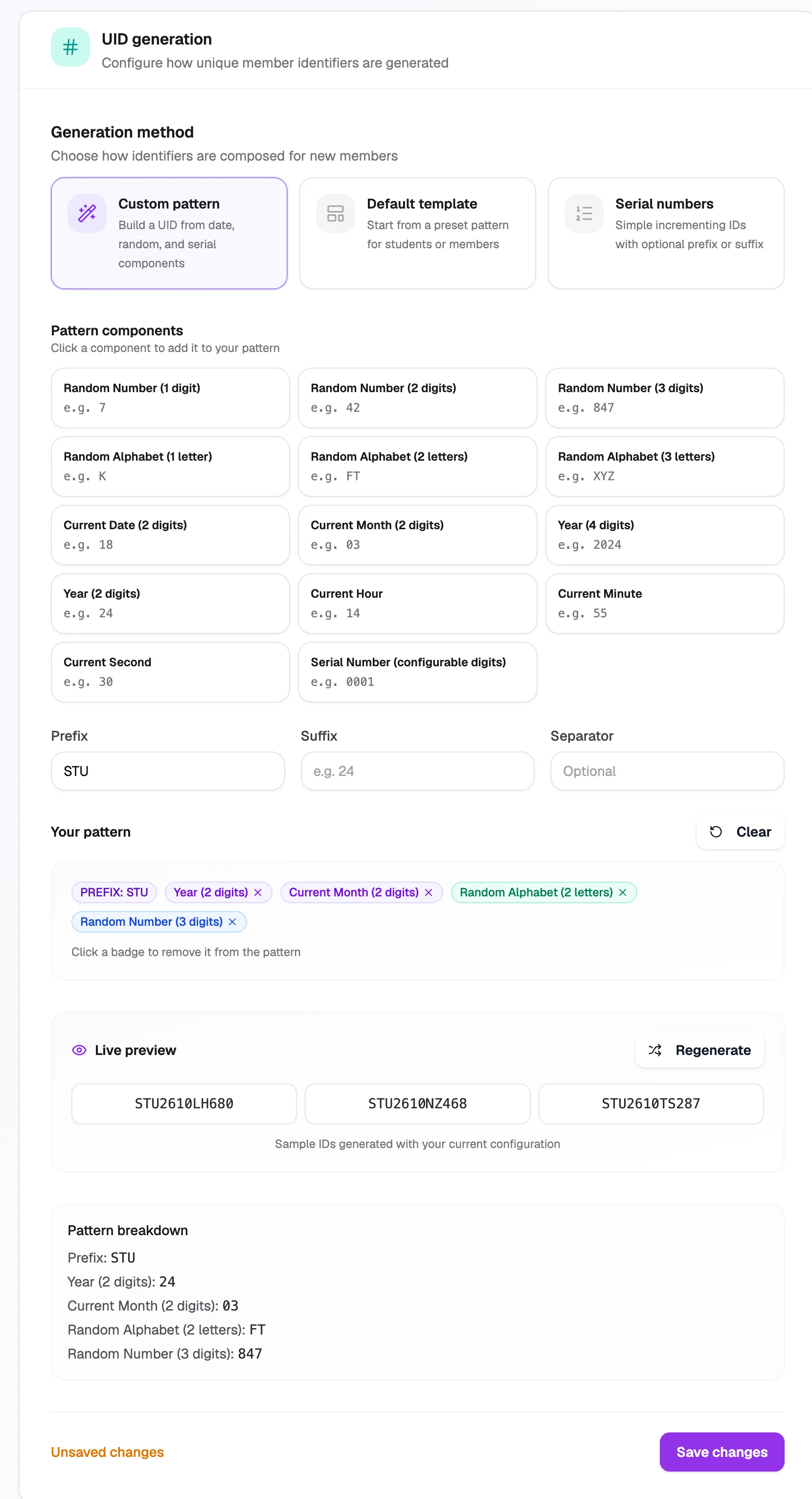The UID generation settings with pattern components and a live preview