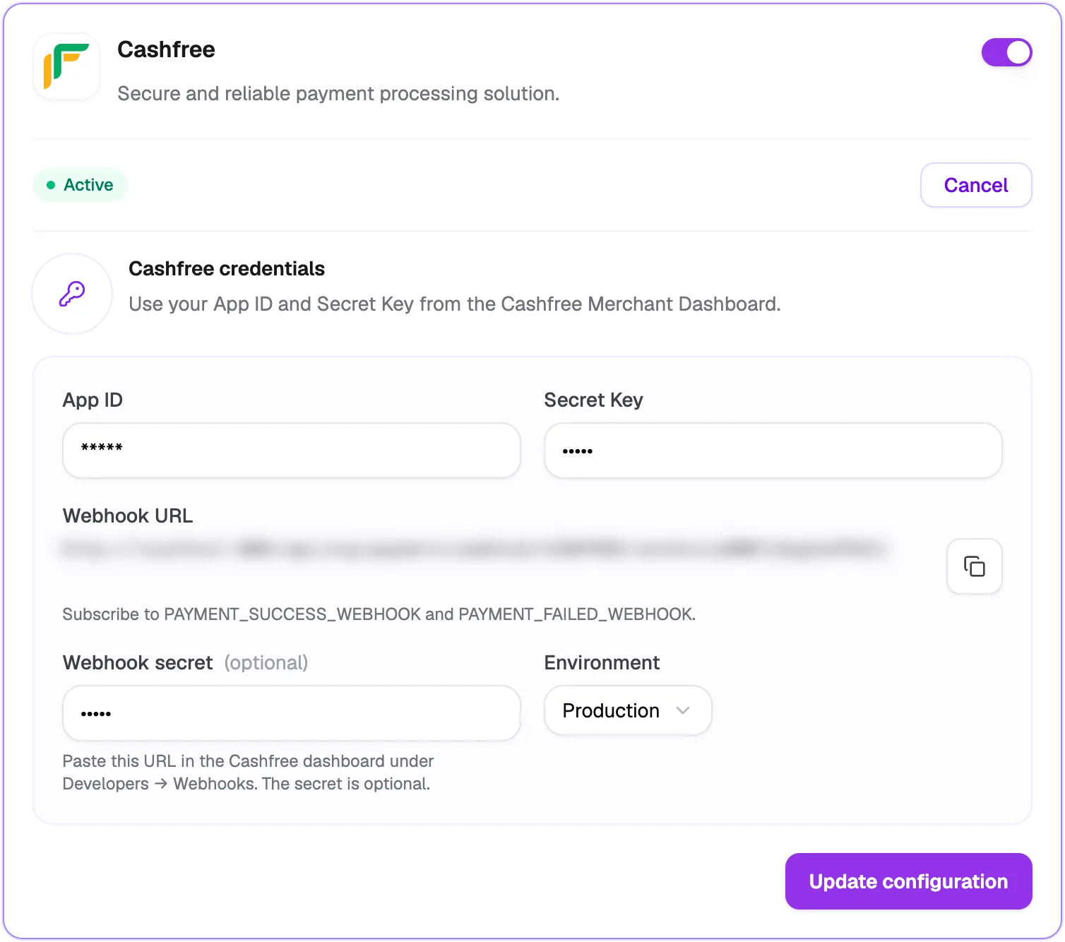 The Cashfree gateway card with its credentials form