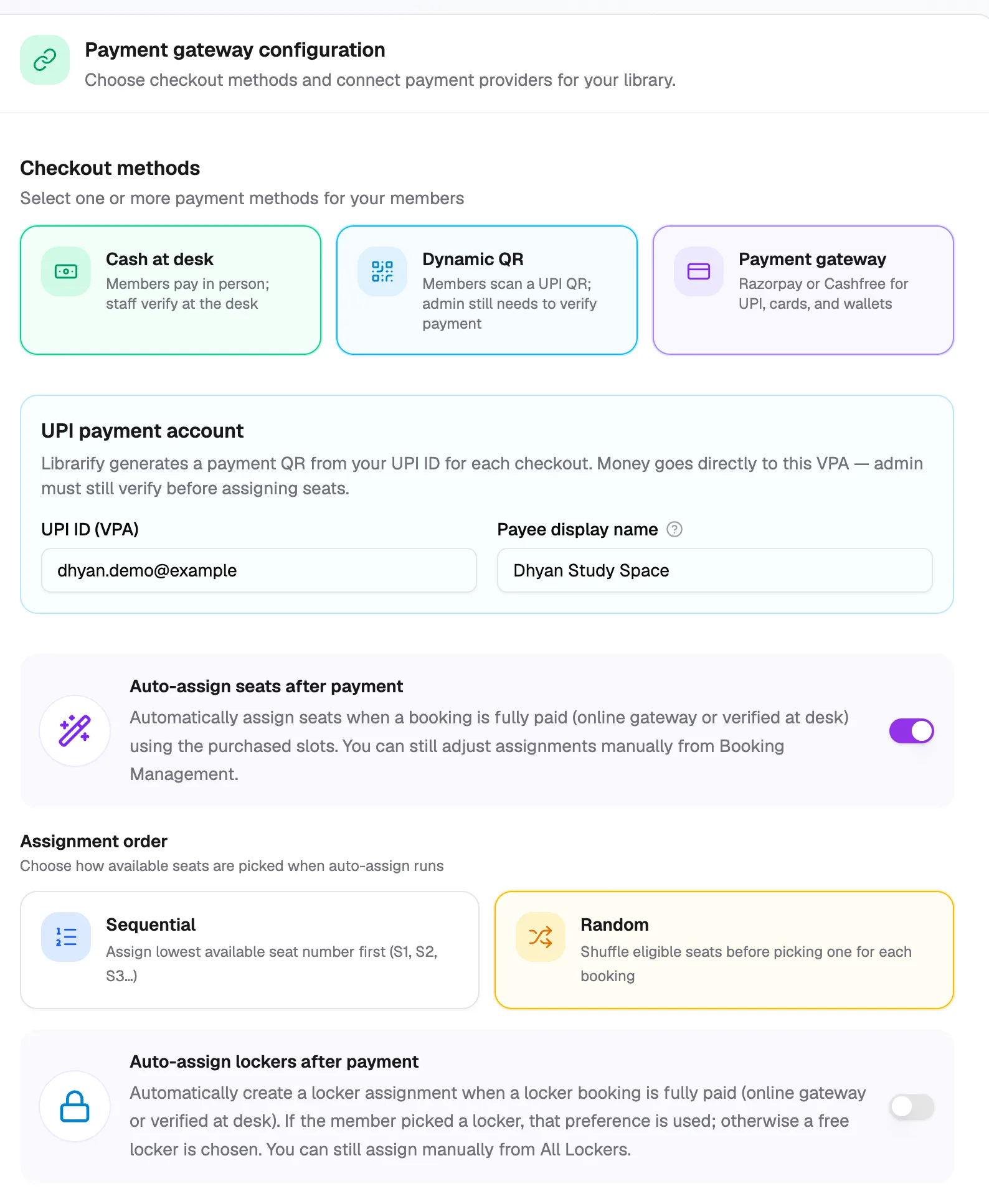 Checkout methods, UPI payment account and auto-assign settings