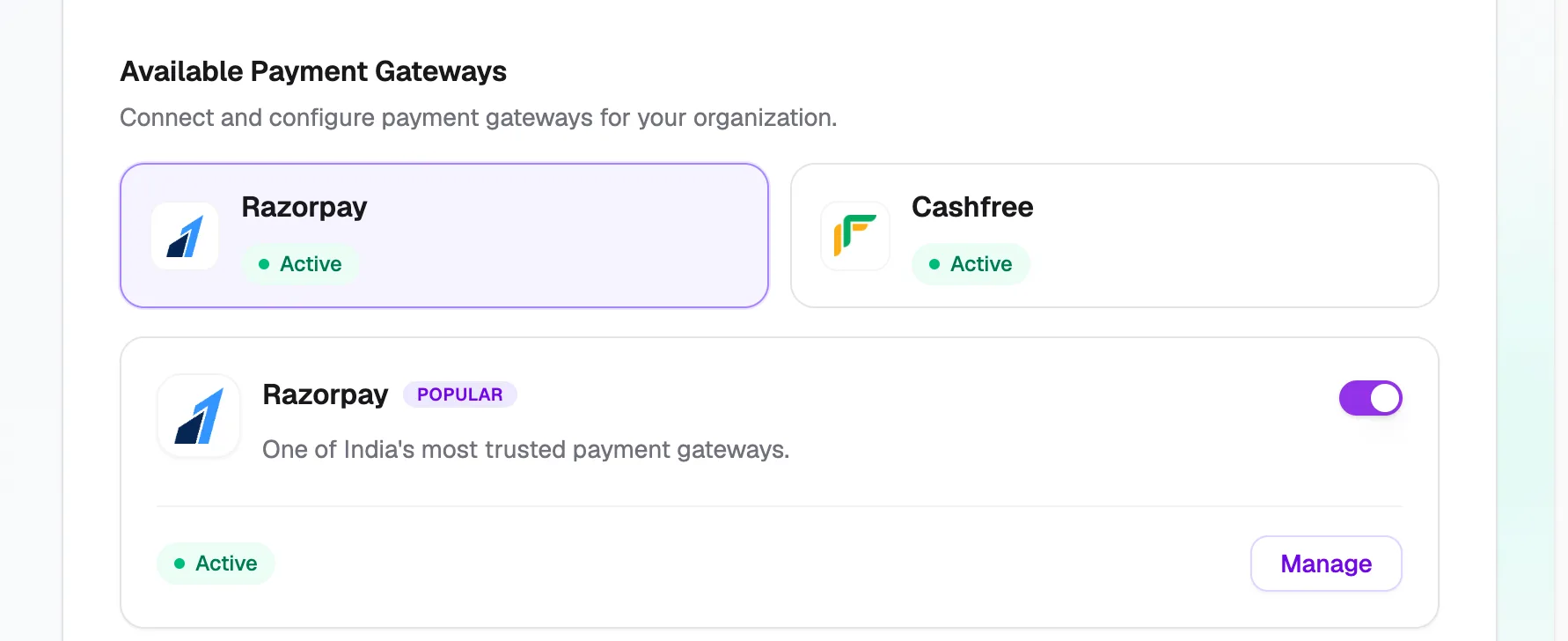 Available Payment Gateways with Razorpay and Cashfree tabs, both Active