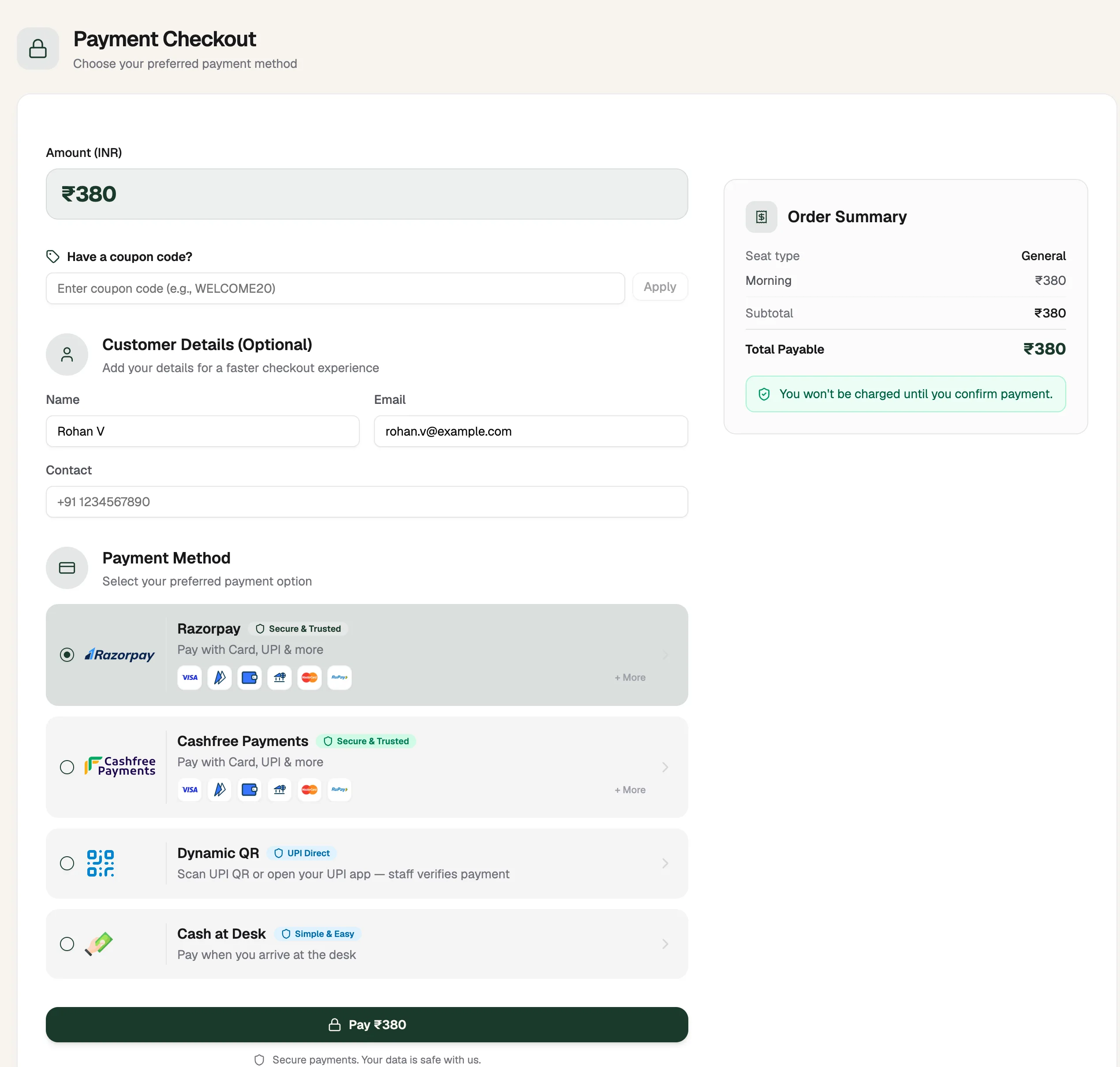 Payment Checkout page with a coupon box, four payment methods and the Pay button